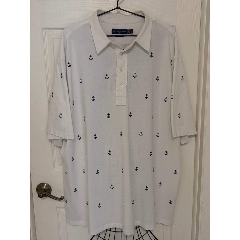 Ralph Lauren Men's 4XLT White Navy Anchor Print Knit Oxford Polo Shirt